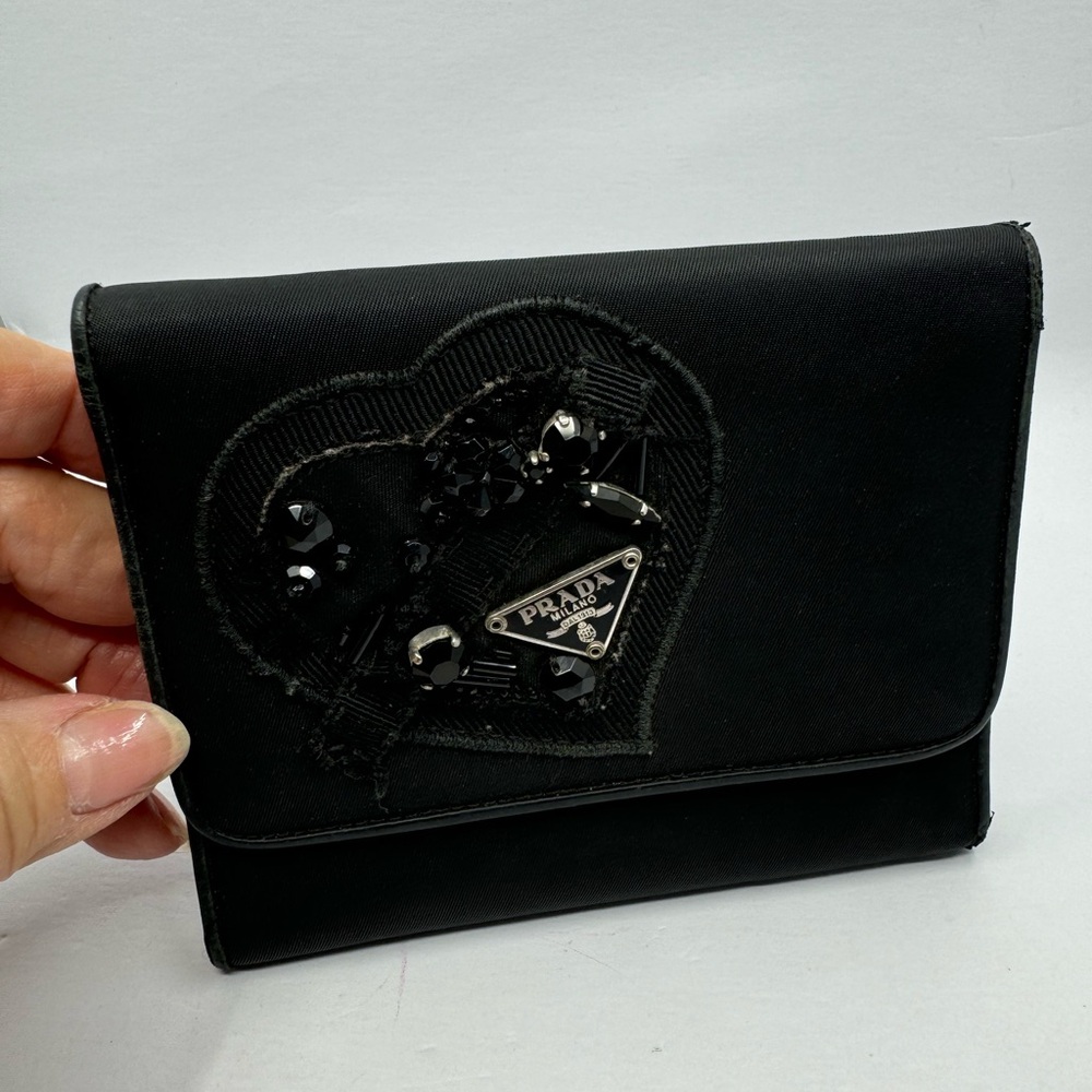 Prada Tri Fold Black Compact Nylon Leather Wallet with Heart 25286